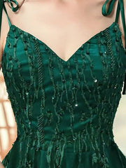 A-Line Elegant Engagement Formal Evening Dress Spaghetti Strap Sleeveless Sweep / Brush Train Polyester with Beading Embroidery - RongMoon