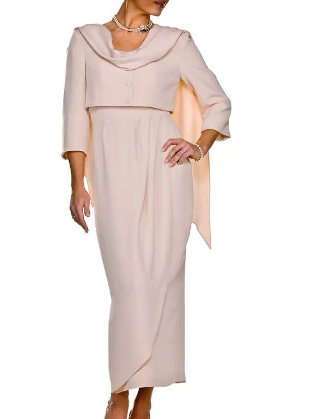 Two Piece Sheath / Column Mother of the Bride Dress Elegant Square Neck Ankle Length Stretch Fabric Sleeveless with Buttons Pleats - RongMoon