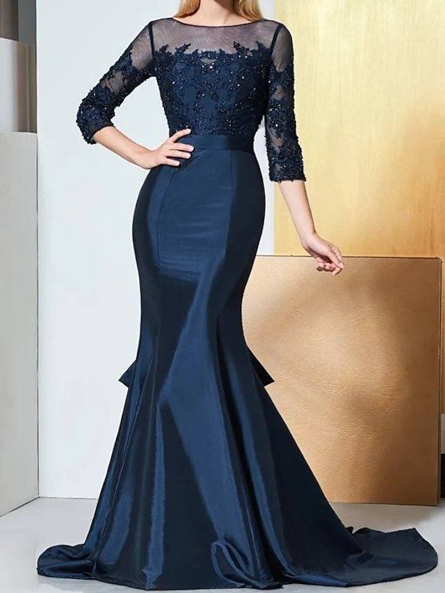 Mermaid / Trumpet Luxurious Elegant Engagement Formal Evening Dress Illusion Neck Half Sleeve Sweep / Brush Train Taffeta with Embroidery Appliques - RongMoon