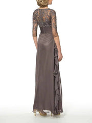Sheath / Column Mother of the Bride Dress Elegant V Neck Floor Length Chiffon Lace Half Sleeve with Draping Appliques - RongMoon