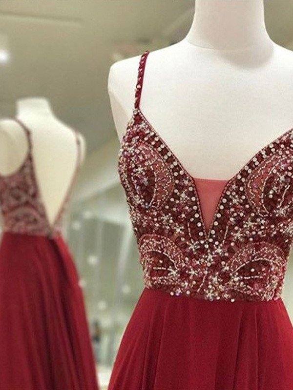 A-Line/Princess Sleeveless Spaghetti Straps Chiffon Floor-Length Beading Dresses - RongMoon
