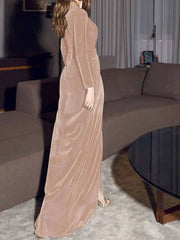 Sheath / Column Minimalist Vintage Wedding Guest Formal Evening Dress V Neck Long Sleeve Floor Length Velvet with Draping Split - RongMoon
