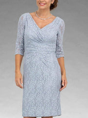 Sheath / Column Mother of the Bride Dress Elegant V Neck Knee Length Lace Half Sleeve with Appliques - RongMoon