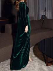 Sheath / Column Minimalist Vintage Wedding Guest Formal Evening Dress V Neck Long Sleeve Floor Length Velvet with Draping Split - RongMoon