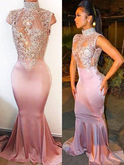 Trumpet/Mermaid High Neck Sweep/Brush Train Sleeveless Silk like Satin Lace Dresses - RongMoon