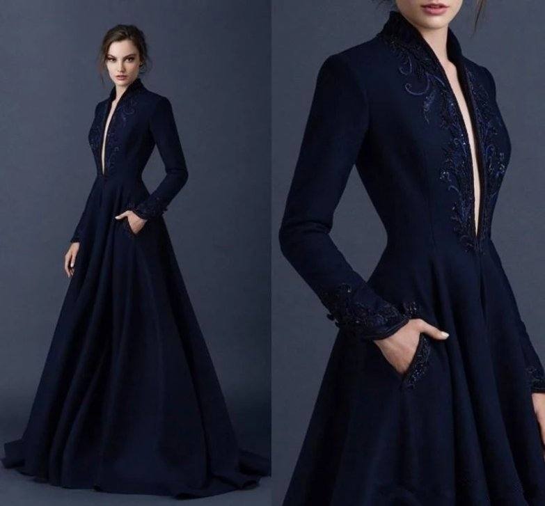 Navy Blue Muslim Evening Dresses A-line Long Sleeves Lace Beaded Islamic Dubai Saudi Arabic Long Formal Evening Gown - RongMoon