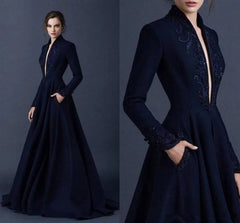 Navy Blue Muslim Evening Dresses A-line Long Sleeves Lace Beaded Islamic Dubai Saudi Arabic Long Formal Evening Gown - RongMoon