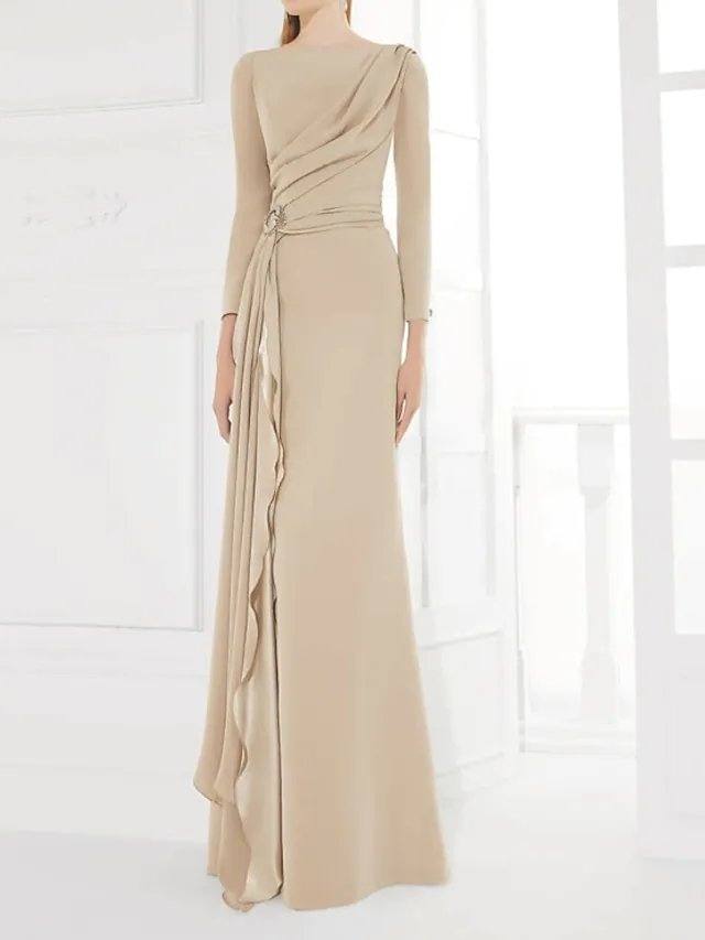 Sheath / Column Mother of the Bride Dress Elegant Jewel Neck Floor Length Chiffon Satin 3/4 Length Sleeve with Pleats Ruching - RongMoon