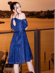 A-Line/Princess Lace Ruffles Halter Short Sleeves Knee-Length Flower Girl Dresses - RongMoon