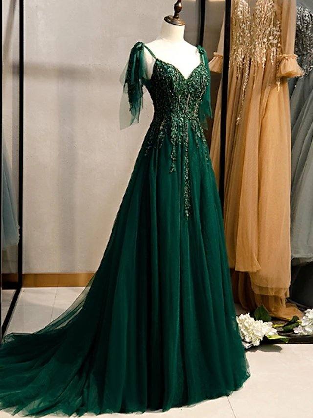 A-Line Elegant Engagement Formal Evening Dress Spaghetti Strap Sleeveless Sweep / Brush Train Polyester with Beading Embroidery - RongMoon