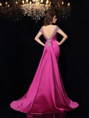 Trumpet/Mermaid Off-the-Shoulder Beading Sleeveless Long Satin Dresses - RongMoon