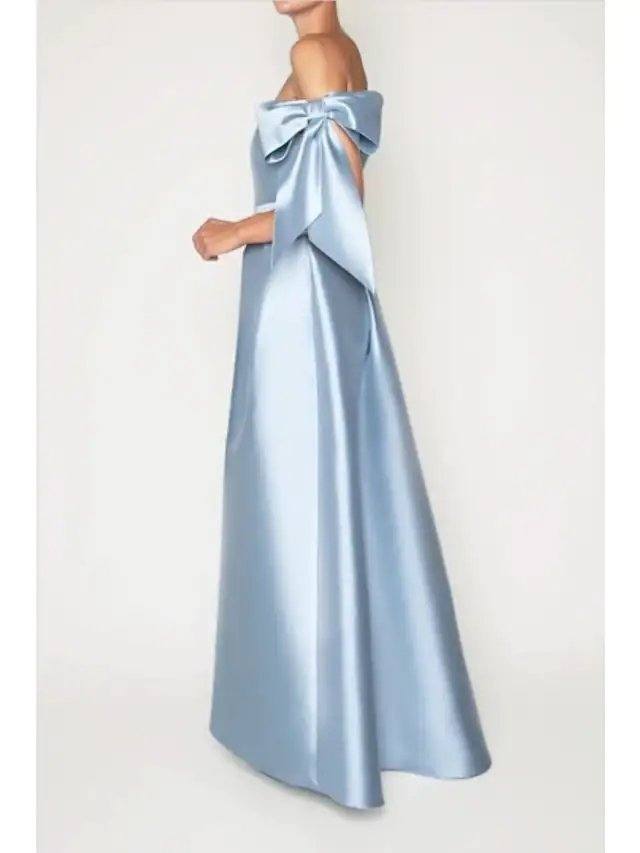 Jumpsuits Elegant Vintage Engagement Formal Evening Dress Off Shoulder Sleeveless Floor Length Charmeuse with Bow(s) - RongMoon