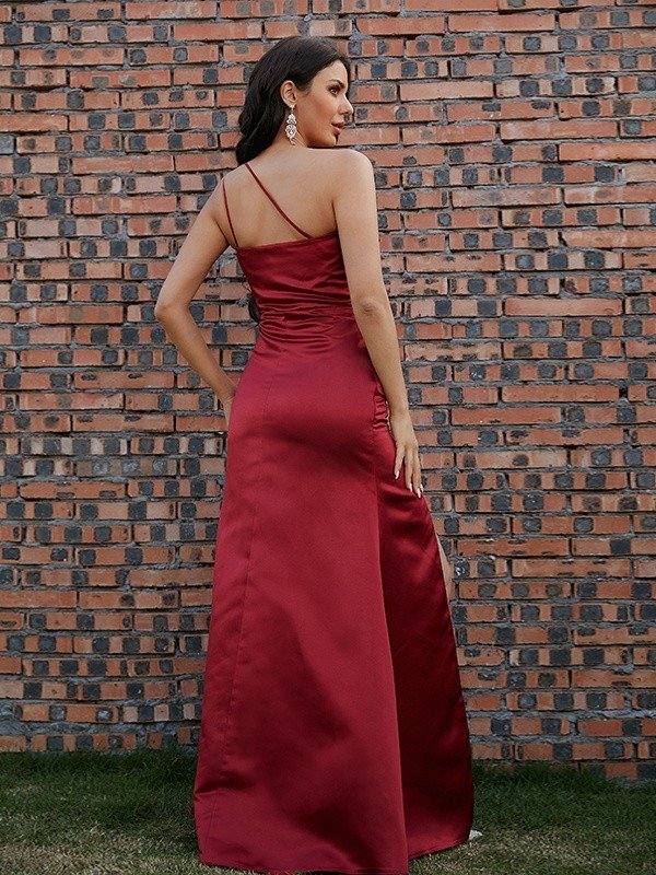 Sheath/Column Satin Ruched One-Shoulder Sleeveless Floor-Length Dresses - RongMoon
