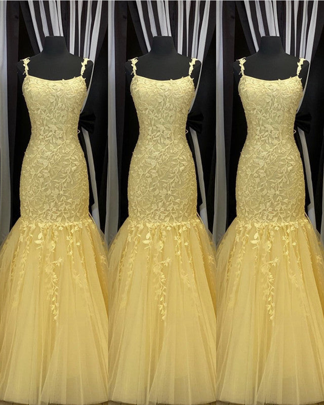 Tulle Lace Appliques Mermaid Prom Dresses Spaghetti Straps