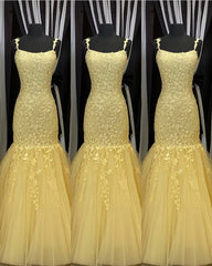 Tulle Lace Appliques Mermaid Prom Dresses Spaghetti Straps