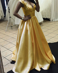 Floor Length Satin V Neck Prom Dresses Appliques