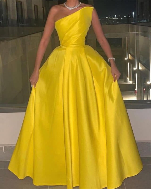 Yellow Strapless Satin Formal Dresses