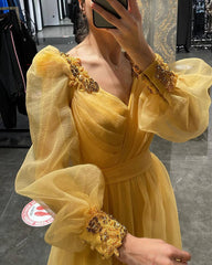 Puffy Sleeves V Neck Tulle Split Dress