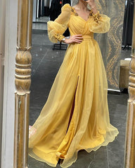 Puffy Sleeves V Neck Tulle Split Dress