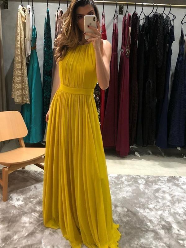 Sleeveless Long A-line Yellow Chiffon Bridesmaid Dresses, Simple Bridesmaid Dresses - RongMoon