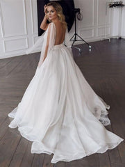 V Neck Tulle Backless A Line Sexy Sweep Train Wedding Dress