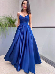 A-Line/Princess Applique Spaghetti Straps Satin Sleeveless Floor-Length Dresses - RongMoon