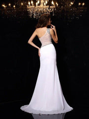 Sheath/Column One-Shoulder Beading Sleeveless Long Chiffon Dresses - RongMoon
