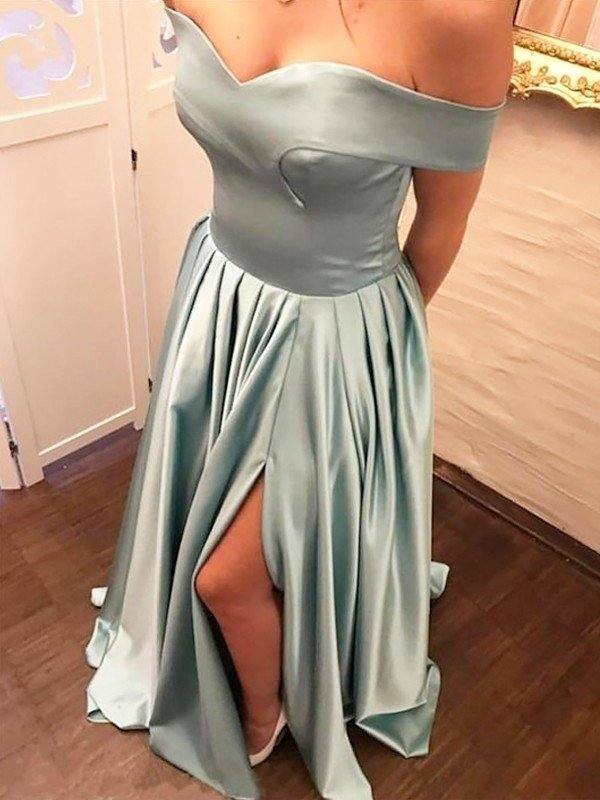 A-Line/Princess Off-the-Shoulder Sweep/Brush Train Ruffles Satin Dresses - RongMoon