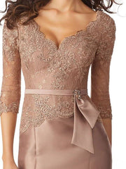 Mermaid / Trumpet Mother of the Bride Dress Elegant V Neck Sweep / Brush Train Lace Satin 3/4 Length Sleeve with Sash / Ribbon Bow(s) - RongMoon