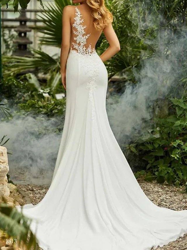 Mermaid / Trumpet Wedding Dresses V Neck Sweep / Brush Train Chiffon Spaghetti Strap Mordern Backless with Lace Insert - RongMoon