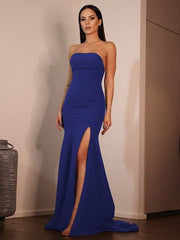 Sheath/Column Jersey Ruched Strapless Sleeveless Sweep/Brush Train Dresses - RongMoon