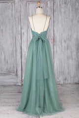 A Line Backless Lace Green Long Prom Dresses, Backless Green Lace Formal Graduation Evening Dresses - RongMoon