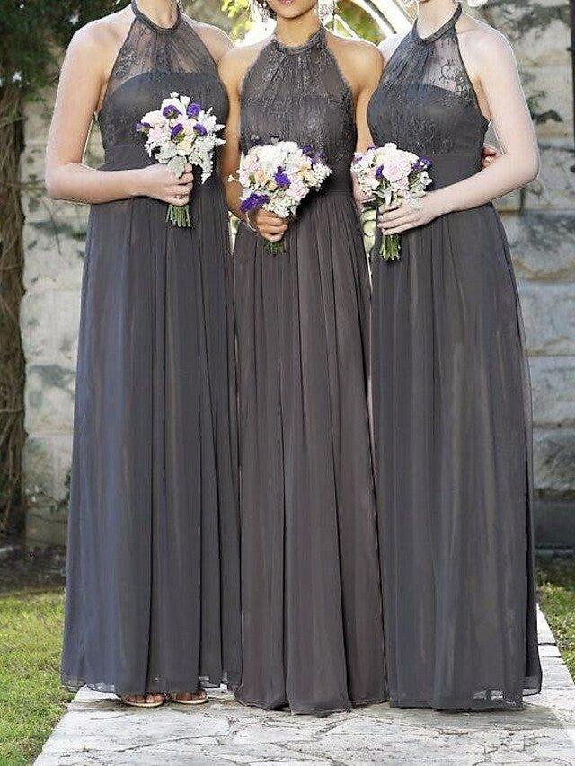 A-Line Bridesmaid Dress Halter Neck Sleeveless Elegant Floor Length Chiffon / Lace with Pleats / Appliques - RongMoon