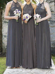 A-Line Bridesmaid Dress Halter Neck Sleeveless Elegant Floor Length Chiffon / Lace with Pleats / Appliques - RongMoon