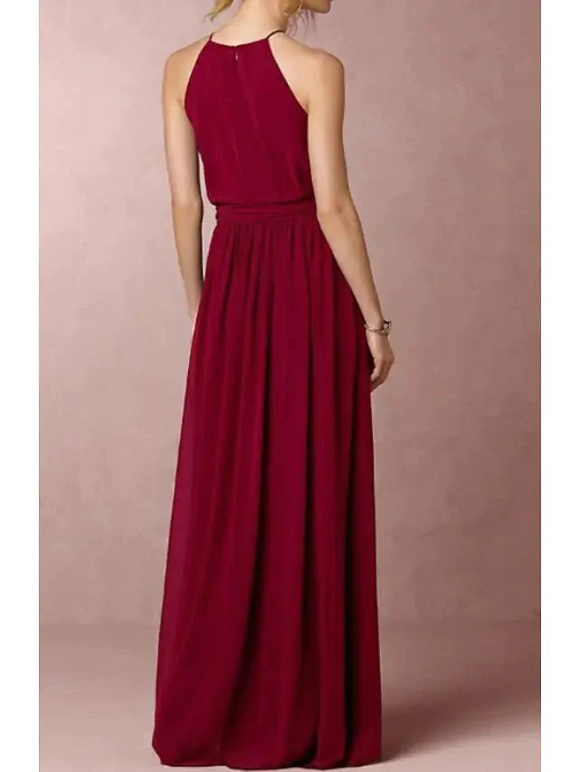 A-Line Bridesmaid Dress Halter Neck Sleeveless Elegant Floor Length Chiffon with Bow(s) - RongMoon