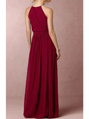 A-Line Bridesmaid Dress Halter Neck Sleeveless Elegant Floor Length Chiffon with Bow(s) - RongMoon