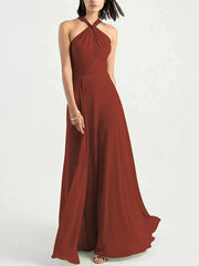 A-Line Bridesmaid Dress Halter Neck Sleeveless Elegant Floor Length Chiffon with Pleats - RongMoon