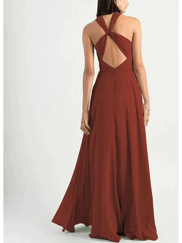 A-Line Bridesmaid Dress Halter Neck Sleeveless Elegant Floor Length Chiffon with Pleats - RongMoon