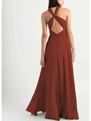 A-Line Bridesmaid Dress Halter Neck Sleeveless Elegant Floor Length Chiffon with Pleats - RongMoon