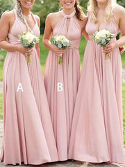 A-Line Bridesmaid Dress Halter Neck Sleeveless Sexy Floor Length Chiffon with Sash / Ribbon / Pleats - RongMoon