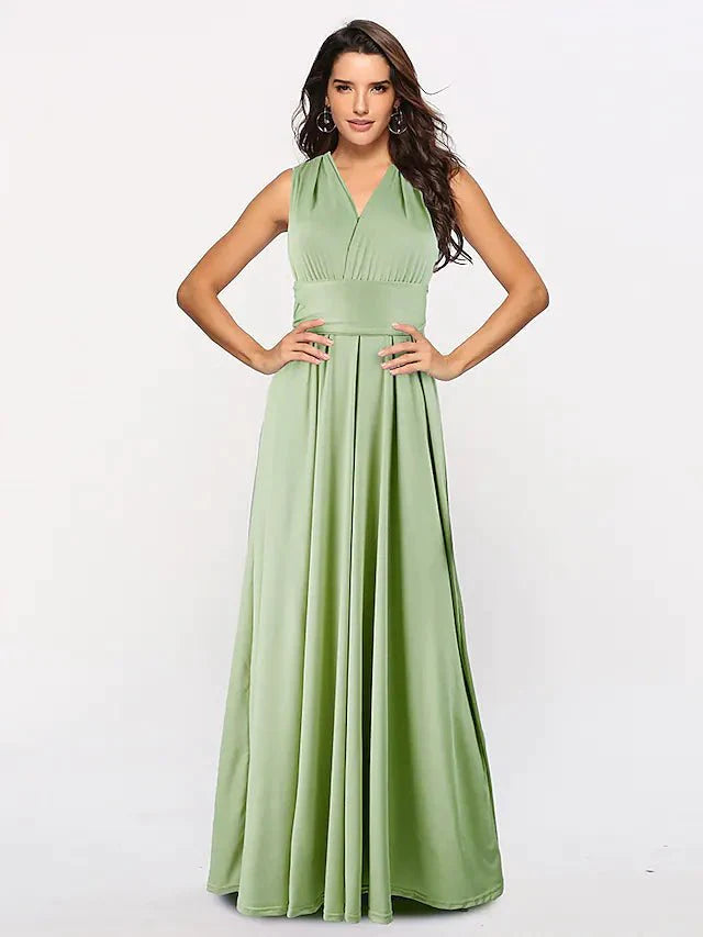 A-Line Bridesmaid Dress Halter Neck / V Neck Sleeveless Sexy Floor Length Spandex with Sash / Ribbon / Pleats - RongMoon