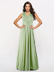 A-Line Bridesmaid Dress Halter Neck / V Neck Sleeveless Sexy Floor Length Spandex with Sash / Ribbon / Pleats - RongMoon