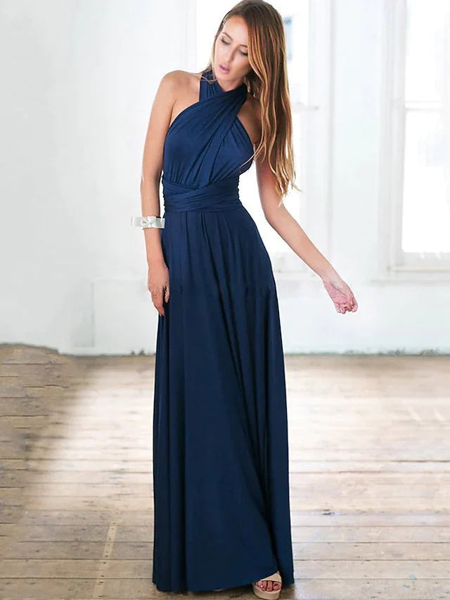 A-Line Bridesmaid Dress Halter Neck / V Neck Sleeveless Sexy Floor Length Spandex with Sash / Ribbon / Pleats - RongMoon