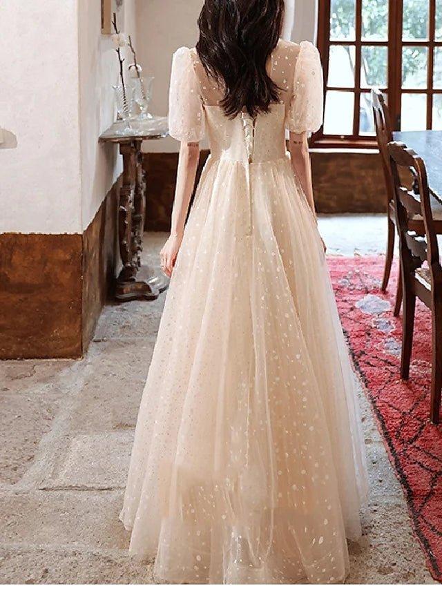 A-Line Bridesmaid Dress High Neck Short Sleeve Elegant Floor Length Tulle with Crystals / Appliques - RongMoon
