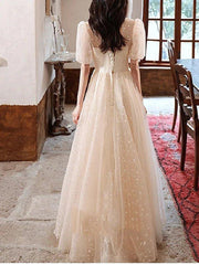 A-Line Bridesmaid Dress High Neck Short Sleeve Elegant Floor Length Tulle with Crystals / Appliques - RongMoon