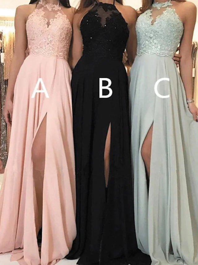 A-Line Bridesmaid Dress High Neck Sleeveless Sexy Sweep / Brush Train Chiffon / Lace with Appliques / Split Front - RongMoon