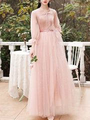 A-Line Bridesmaid Dress Jewel Neck 3/4 Length Sleeve Elegant Floor Length Tulle / Velvet with Bow(s) / Sequin - RongMoon