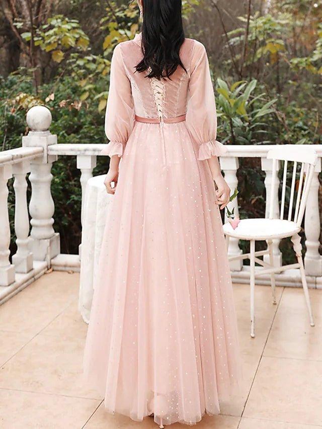 A-Line Bridesmaid Dress Jewel Neck 3/4 Length Sleeve Elegant Floor Length Tulle / Velvet with Bow(s) / Sequin - RongMoon