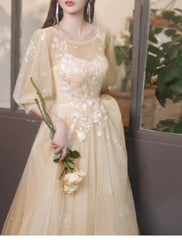 A-Line Bridesmaid Dress Jewel Neck 3/4 Length Sleeve Elegant Floor Length Tulle with Pleats / Appliques - RongMoon
