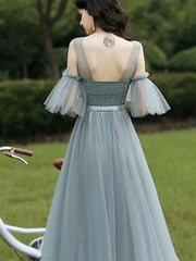A-Line Bridesmaid Dress Jewel Neck Half Sleeve Elegant Floor Length Tulle with Sash / Ribbon / Appliques - RongMoon